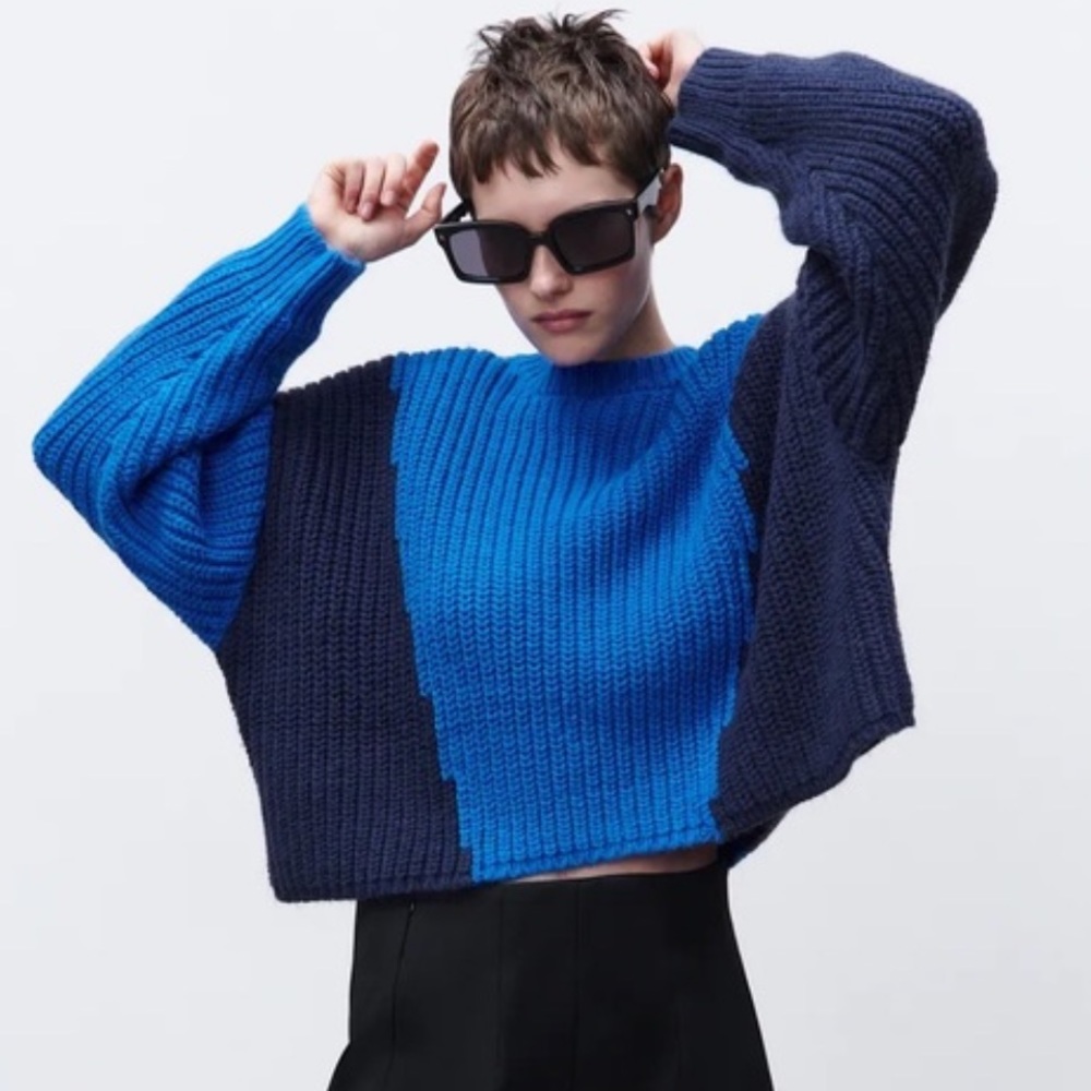 Zara color block knit blue sweater